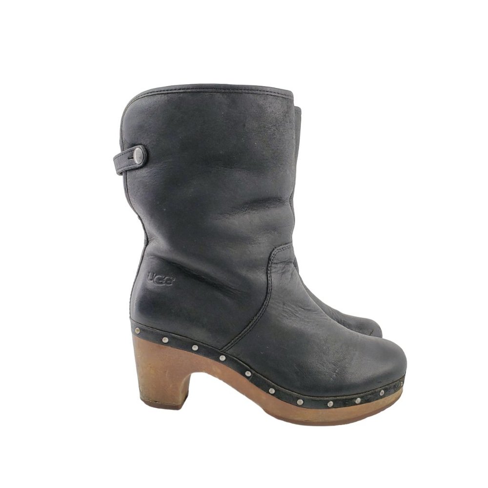 UGG Women's Black Lynnea Leather Shearling Lined Wooden Clog Boot Size 8